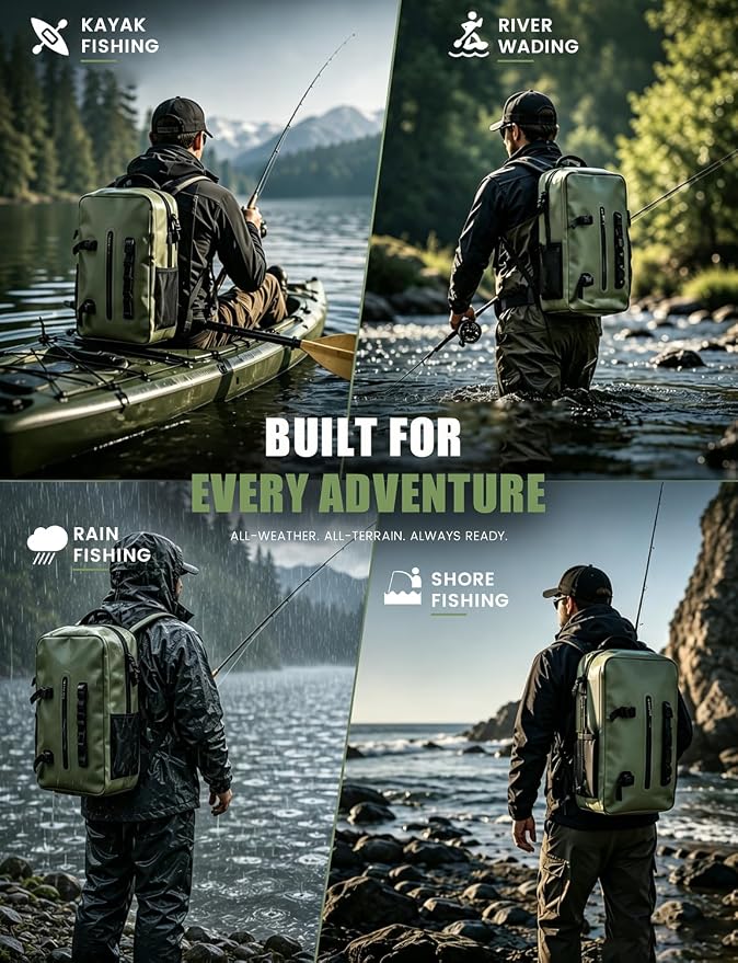 Floating Fishing Backpack IP68 Waterproof Submersible Zipper, Tackle Backpack Fits 2-3 3700 Tackle Boxes, 840D PVC Tackle Backpack with 3 Rod Holders, Fishing Accessories Gift for Men & Women