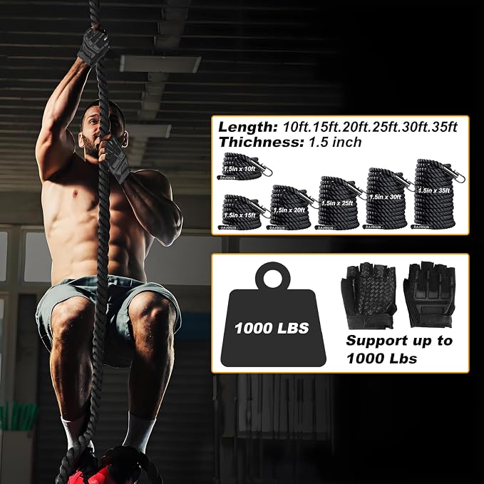 Climbing Rope Gym Workout - 1.5 Inch Dia 10FT 15FT 20FT 25FT 30FT 35FT 40FT 50FT Heavy Duty Work Out Rope Exercise Climbing Ropes for Adults Kids Fitness & Strength Training Outdoor & Indoor - Black
