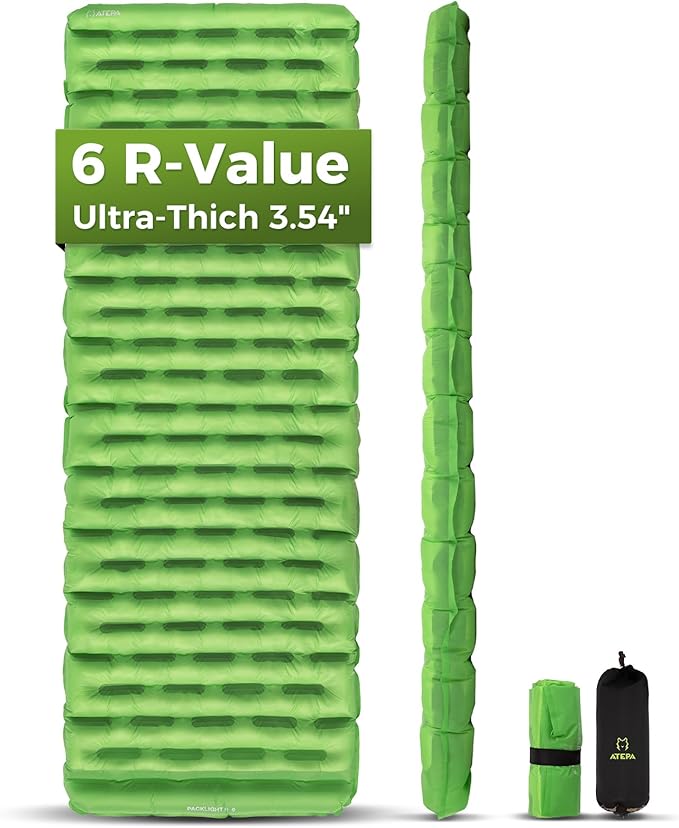 ATEPA ThermAir Ultralight Sleeping Pad for Camping & Backpacking, 6 R-Value Insulated Air Mattress, 3.5” Thick Compact Inflatable Sleeping Mat with Emergency Pump Sack, Wide Long Size (72"x25")
