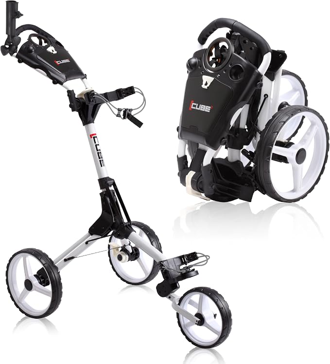 CUBE CART 3-Wheel Golf Push Cart – Ultra-Compact 14.5 lb Folding Golf Trolley, Two-Step Fold, Adjustable Handle, Foot Brake, Umbrella Holder & Built-in Storage