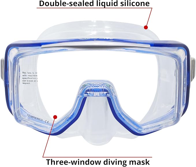 PanoEX 3 Window Diving Mask - Panoramic Wide View, Anti-Fog Tempered Glass, Anti-Leak Silicone Skirt - Scuba Mask, Dive Mask, Snorkel Mask for Adults