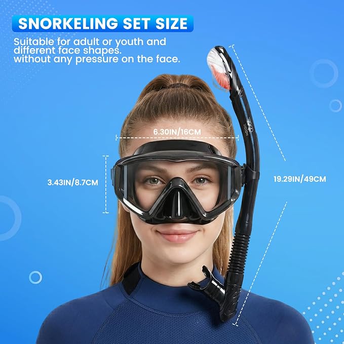 2 Pack Snorkel Mask for Adults - 180° Panoramic View, Anti-Fog Shatterproof PC Lens, Dry Snorkel Set for Diving, Swimming & Travel