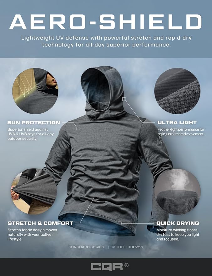 CQR Men's UPF 50+ Sun Protection Long Sleeve Quick Dry Athletic Shirts, Stretch Running Workout Hiking T-Shirts
