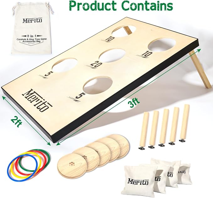 Merito 2-in-1 Outdoor Games, Cornhole Board Set & Ring Toss Game, Perfect Reinvented Bean Bag Toss Games for Backyard, Beach, Camping and Party