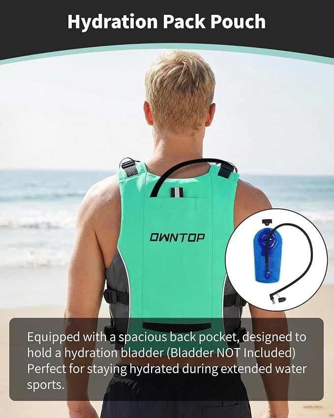 Owntop Swim Jacket Adult Youth | Hydration Pack | Dual Mesh Pockets | Attached Whistle | Ultra-Thin for Freer Movement | Kayak, Boating, Fishing, All Watersports