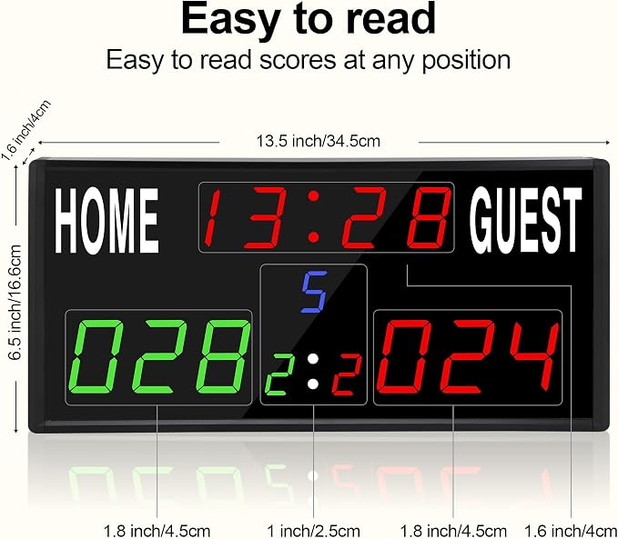 LED Electronic Scoreboard Digital Score Keeper with Remote/Timer/Shot Clock,Portable Basketball Scoreboard with 40-Foot Remote Control ,100FT VISIBLE,24H Clock,Score History,6 Brightness,3 Placements