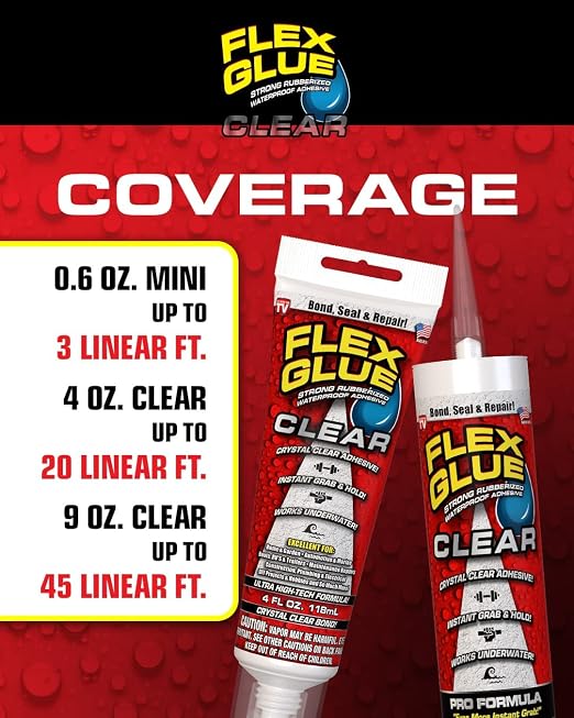 Flex Glue, Mini, Clear, 3-Pack, Super Strong, Transparent, Rubberized Waterproof Adhesive, Works Underwater, Use on Pools, Showers, Outdoors, Concrete, Brick, Pavers, Masonry, UV Resistant