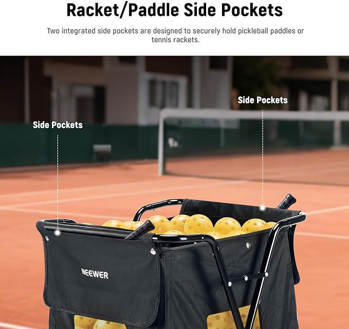 NEEWER Tennis Ball Hopper, Pickleball Retriever Collector Basket Cart Holder Tennis Court Equipment Accessory for Training Teaching