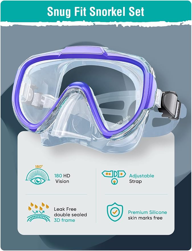 Seovediary Snorkel Set Adults Snorkeling Gear Anti-Fog Panoramic View Swim Mask Dry Top Snorkel Kit with Carry Bag for Snorkeling Scuba Diving Swimming Travel