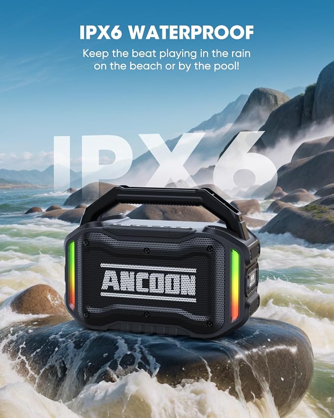 ANCOON Speakers Bluetooth Wireless: 80W(Peak) Loud Speaker with Bass, 20H Playtime, IPX6 Waterproof, Large Jobsite Speakers for Work, Outdoor, Workshop, Garage, Portable Speaker with TWS (Black)