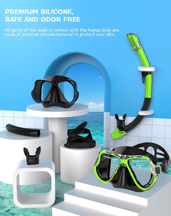 Greatever Dry Snorkel Set,Panoramic Wide View Anti-Fog Scuba Diving Mask,Professional Snorkeling Gear for Adults Kids