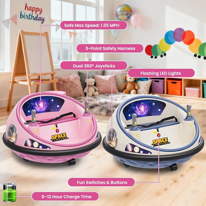 Electric Bumper Car with Remote Control, 360°Spinning Ride-on Vehicle, Rechargeable Indoor Outdoor Kid Car with LED Lights & Soft Bumper–Fun Gift (Pink)