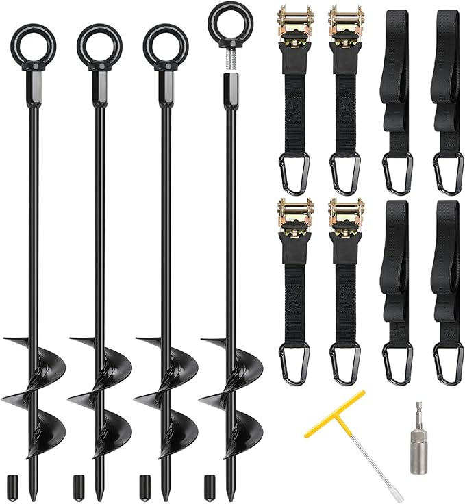 Trampoline Anchors, 4 Pack 18" RV Awning Tie Down Kit with 4 Ratchet Straps, Heavy Duty Screw-in Stakes for Trampolines, RV Awnings & Swing Sets
