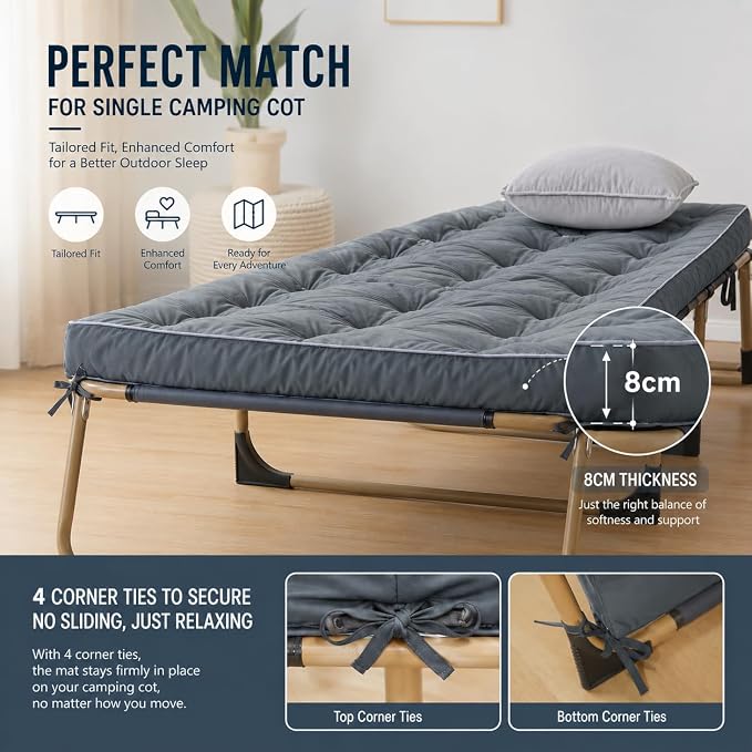 Jamdok Cot Mattress Topper for Camp Cot/Rv Bunk/Narrow Twin Beds(75”X30”),Thickened Quilted Cot Pad,Lightweight Foldable Sleeping Mat for Traveling Hiking Backpacking,Portable