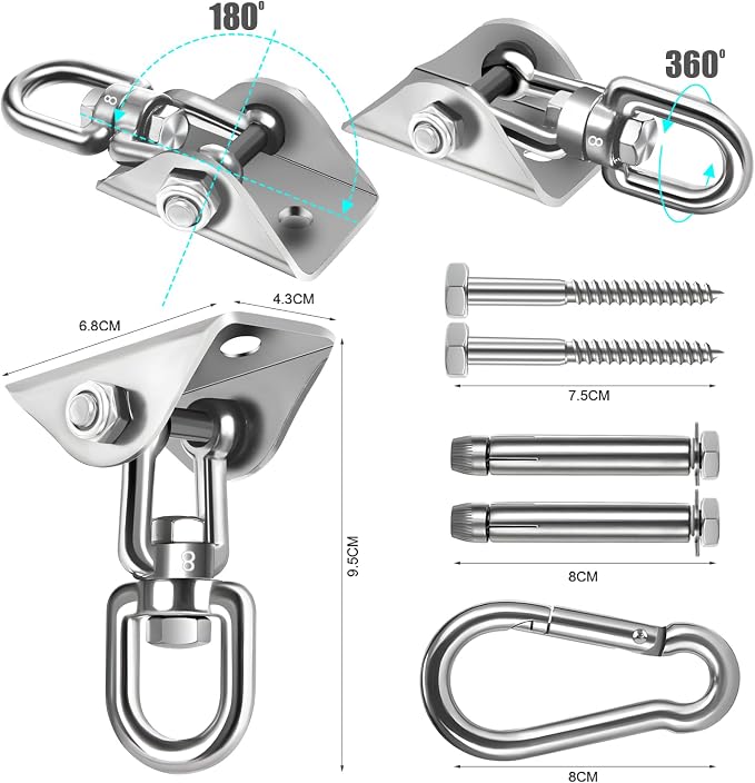 Hammock Hanging Kit,Hanging Chair Hardware 360°Rotating 1000 lb Capacity Hammock Hooks Heavy Duty,Hammock Chair Hanging Kit & Swing Ceiling Hook Snap for Hammock Chair Stand,Seat,Tree,Yoga,Gym(Silver)