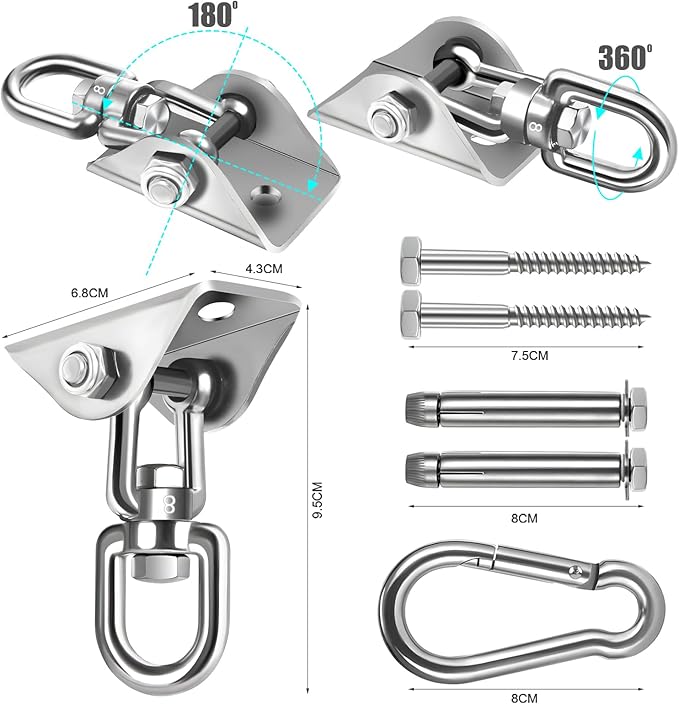 Hammock Hanging Kit, 2 Pack Hanging Chair Hardware 360°Rotating Hammock Hooks Heavy Duty, Hammock Chair Hanging Kit & Swing Ceiling Hook Snap for Hammock Chair,Heavy Bag,Seat,Yoga,Gym,1000 lb Capacity