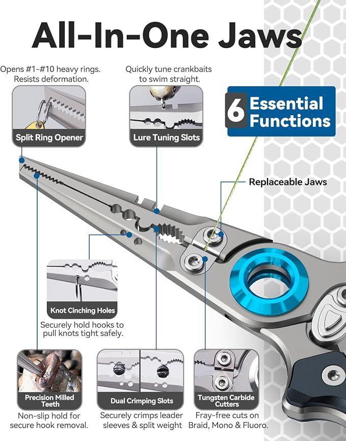 KEXMO 17-4 Stainless Steel Fishing Pliers, Anti-Twist Saltwater Hook Remover Tool, 7.17" Split Ring Pliers with Tungsten Cutters, Lightweight Aluminum Scales, Luminous Locking S-Carabiner