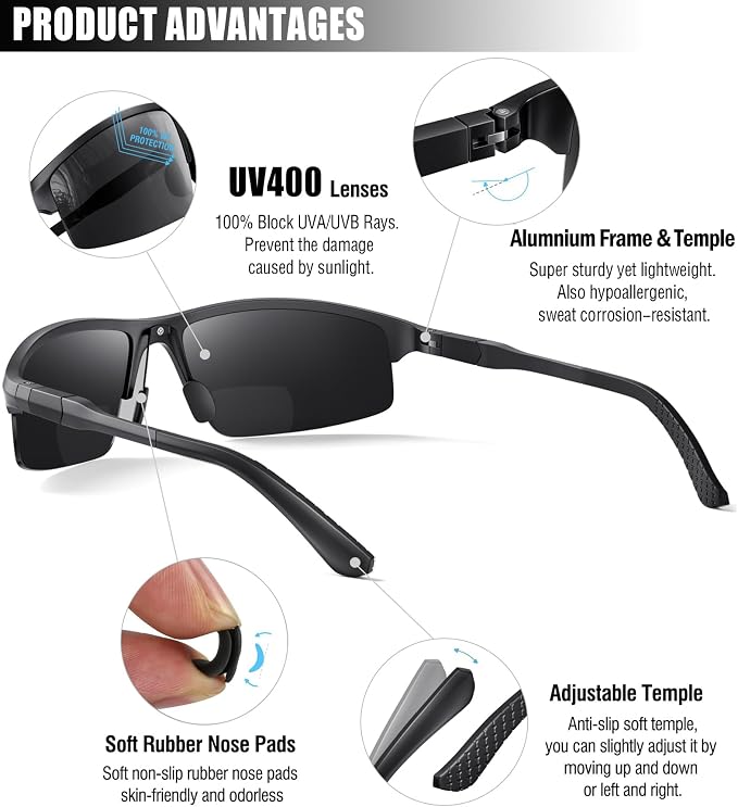 SKYOAK Sports Bifocal Reading Sunglasses Men Wrap Around UV 400 Protection Aluminum Frame Glasses Spring Hinge Semi Rimless Sun Readers Built In Driving/Running/Fishing Gunmetal, 3.0