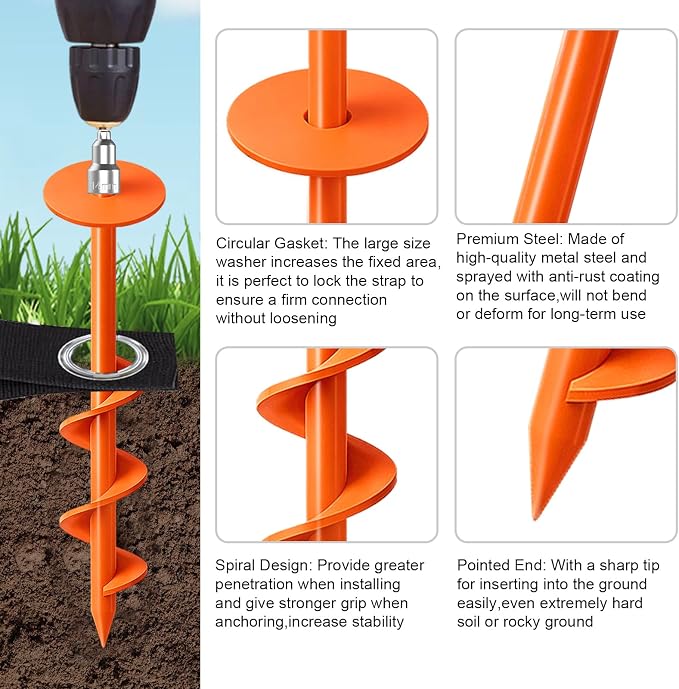Eurmax USA 4 Pack Universal Ground Anchors High Wind, Heavy Duty Screw-in Trampoline Stakes with 4 Straps, Upgraded Commercial Anchor Kit for Outdoor Sheds, Swing Sets & Mobile Homes (Orange)