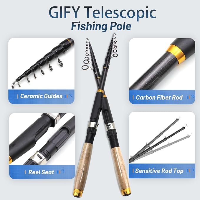 2PCS Telescopic Fishing Rod and Reel Combo, Collapsible Fishing Pole Set with Lip, Spinning Reel Line Lures Set with Carrier Bag, Saltwater Freshwater Fishing Gear for Adults