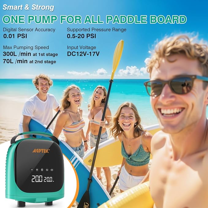 AGPTEK Paddle Board Pump Electric Sup Air Pump 20PSI Portable, Auto-Off 12V DC Car Connector for Inflator & Deflator Inflatable Stand up Paddle Boards,Boats,Inflators