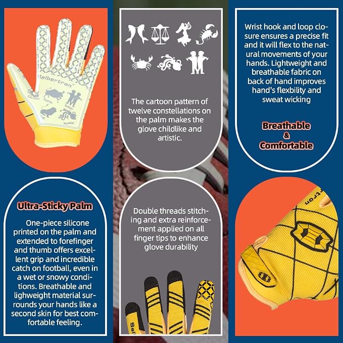 Seibertron Pro 3.0 Twelve Constellations Elite Ultra-Stick Football Receiver Gloves | Super Sticky Grip for Youth Kids Boys 8-12 Girls & Adult Men & Women, Perfect Sports Gift