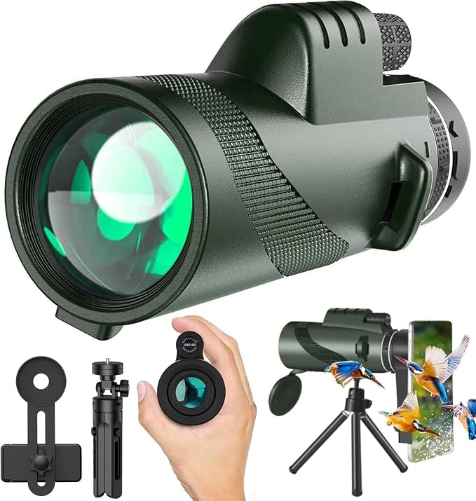Monocular-Telescope 80x100 HGH Powered Monoculars High Definition forAduts High Powered with HD BAK4 Prism Smartphone AdapterTelescope Hunting Wildlife Bird Watching Travel Camping Hiking-Green