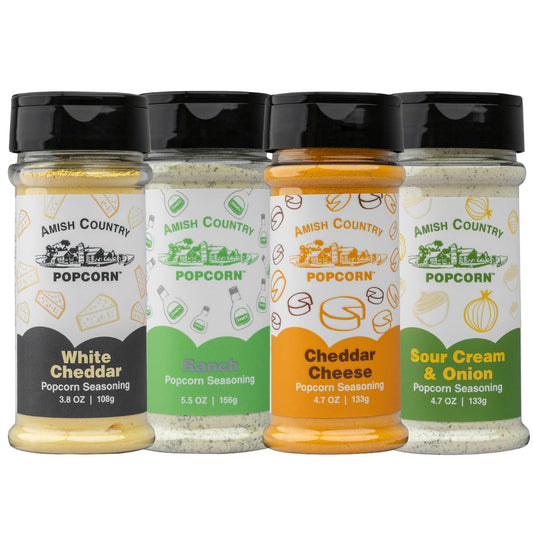 Amish Country Popcorn | Seasoning Variety Pack | 4 Bottles | White Cheddar - Cheddar Cheese - Sour Cream & Onion -Ranch | Nut Free | Old Fashioned, Non-GMO and Gluten Free