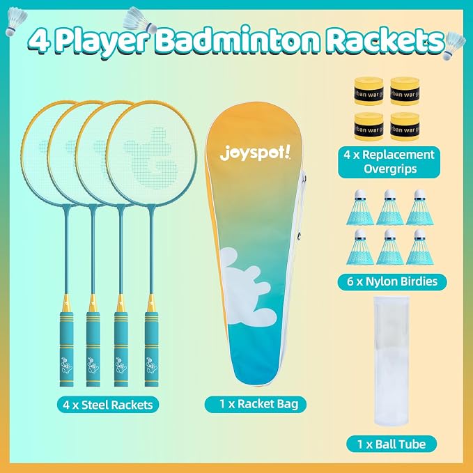 Badminton Rackets Set of 4 for Outdoor Backyard Games,Including 4 Rackets, 6 Nylon Shuttlecocks, 4 Replacement Grip Tapes and 1 Carrying Bag, Lightweight Badminton Racquets for Kids Adults Beginners