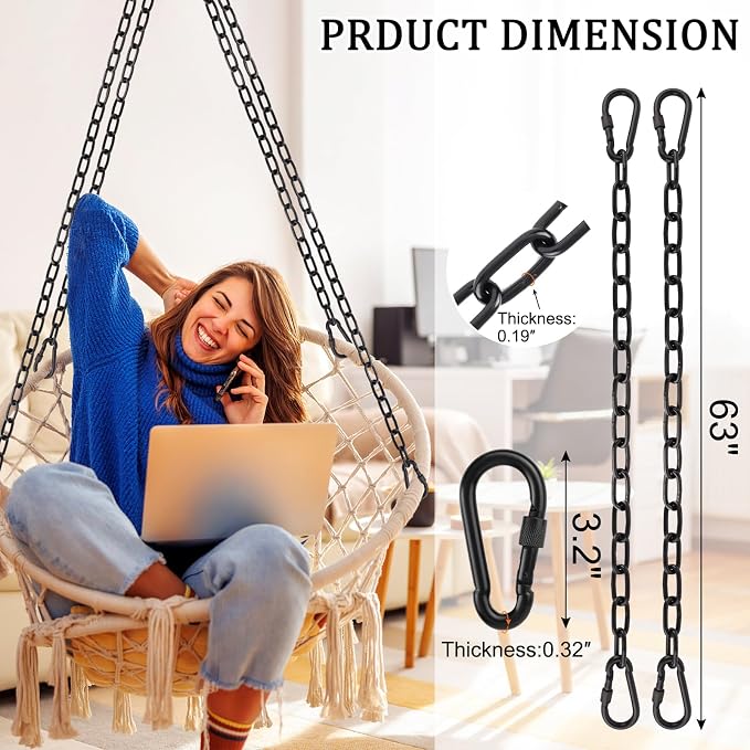 2 Pack 63in Hanging Chair Chain with 4 Carabiners, 500LB Capacity Hanging Kits Heavy Duty Hanging Chair Hardware for Hammock Swing Punching Bags Sandbag Indoor Outdoor Yoga Gym (Black,63in)