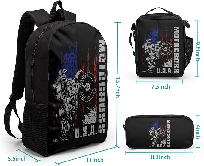 Giwawa Motocross Vehicle Teens School Backpack Set American Flag Canvas Girls Boys School Bags Travel Bookbags 3 in 1