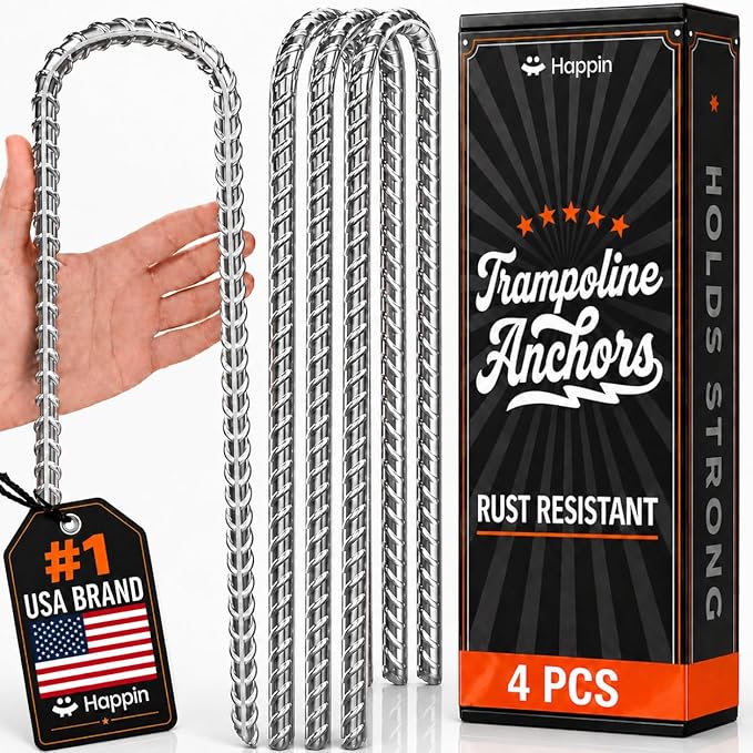Happin® 12 Inch Trampoline Anchors, Trampoline Stakes, Ground Stakes Heavy Duty, Ground Anchors Screw in, Trampolines Accessories, Tent Anchors, Yard Spikes, Galvanized Steel (4 Pack, Silver)