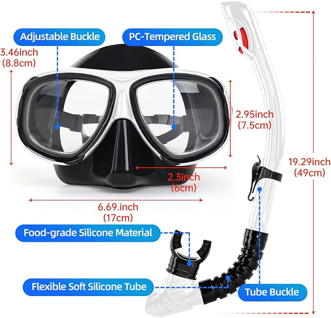 Nearsighted Snorkeling Gear for Adults Youth, Professional Full Dry Top Silicone Snorkel Set, Anti-Fog Scuba Diving Mask with Adjustable Strap