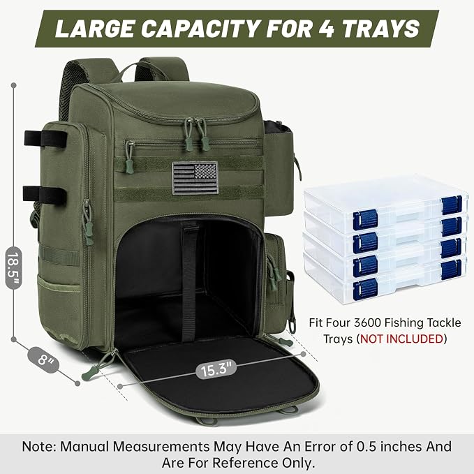 40L Fishing Backpack Water Resistant Fishing Tackle Bag with 2 Rod Holders, Tackle Storage Bag for Anglers(Green Bag Only)