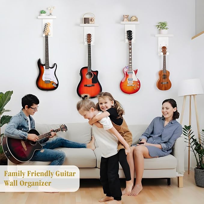 Keebofly Guitar Wall Mount Hangers with Rustic Wood Shelf - 2 Pack, Wall Stand Holder Hook Rack for Acoustic or Electric Guitar,Ukulele,Bass,White,[Patented]