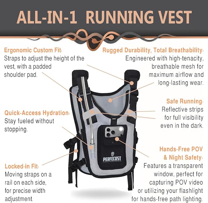 Running Hydration Vest with POV Camera Phone Pocket — Includes 1.5L Water Bladder — Zero-Bounce Stability, Adjustable Straps — Lightweight Reflective Hiking Backpack for Women & Men