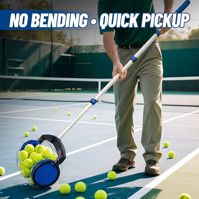 zozen Tennis Ball Picker with Storage Bag, No Bending Quick Pickup Roller, Adjustable Telescopic Handle, Holds Up to 28 Tennis Balls, Portable Collector for Tennis/Pickleball/Baseball/Lacrosse Ball