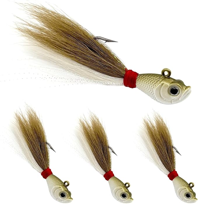 Natufish Bucktail Jigs 3/5Pcs Flash Hair Tail Lifelike Action Saltwater | Fishing Hair Jigs with Natural Deer Hair, 3D Eyes & Sharp Hook Design, Mimic Baitfish Movement 1/4oz-2oz Sizes