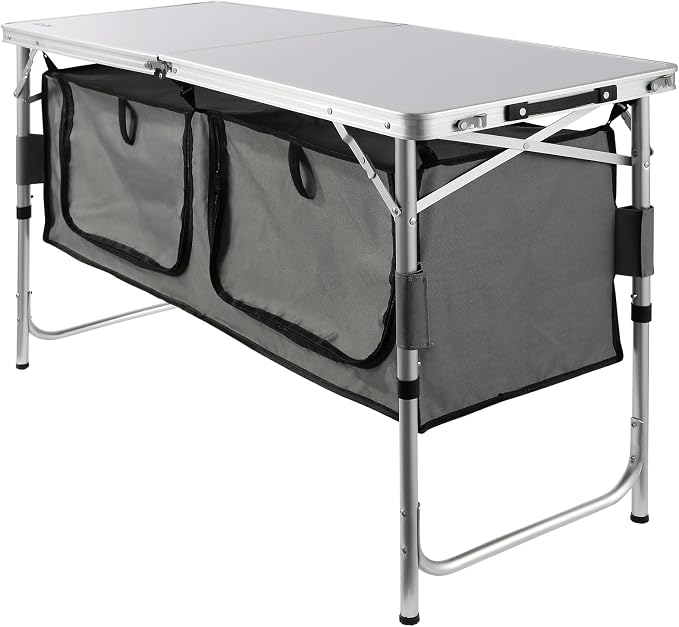 VEVOR Camping Kitchen Station, 3 Adjustable Height Folding Outdoor Camp Cooking Table with Storage Organizer, Quick Set-up for Patio BBQ Picnic Glamping Traveling