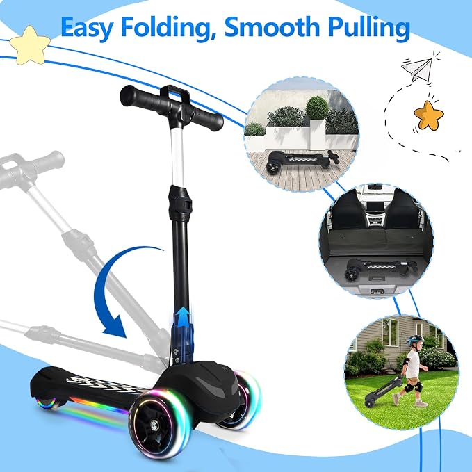 Electric Scooter for Kids Ages 3-12, Full Body Lights Up, Wide Deck, 3 Adjustable Heights, 5MPH Safe Speed, 90min Riding, Foldable 3 Wheel Electric Scooter for Kids Boys Girls Toddler