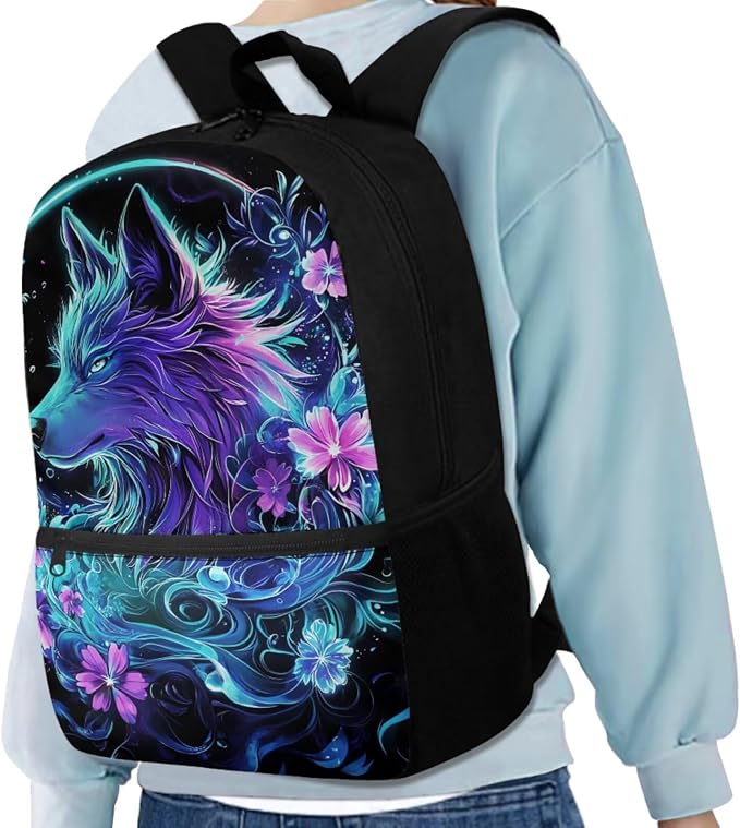 Wolf School Bag Girls Backpack with Lunch Bag and Pencil Pouch Water Bottle Holder Childrens School Daypack Travel Bag Satchel Bagpack Set 4 in 1