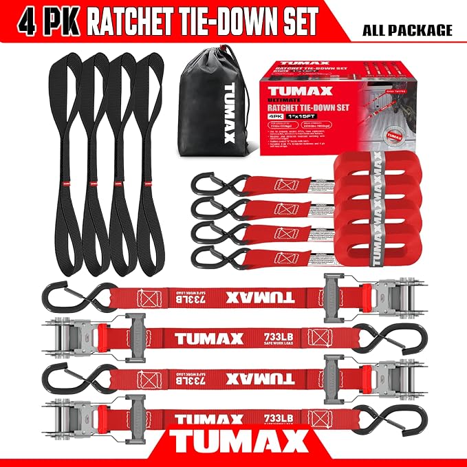 4Pcs Ratchet Tie Down Straps for 2200lb Break Strength, 1” x 15FT Tie Down Straps with Soft Loop & Safety S Hook - Cargo Strap Tie Down for Trucks, Motorcycle, Moving, Appliances, Red