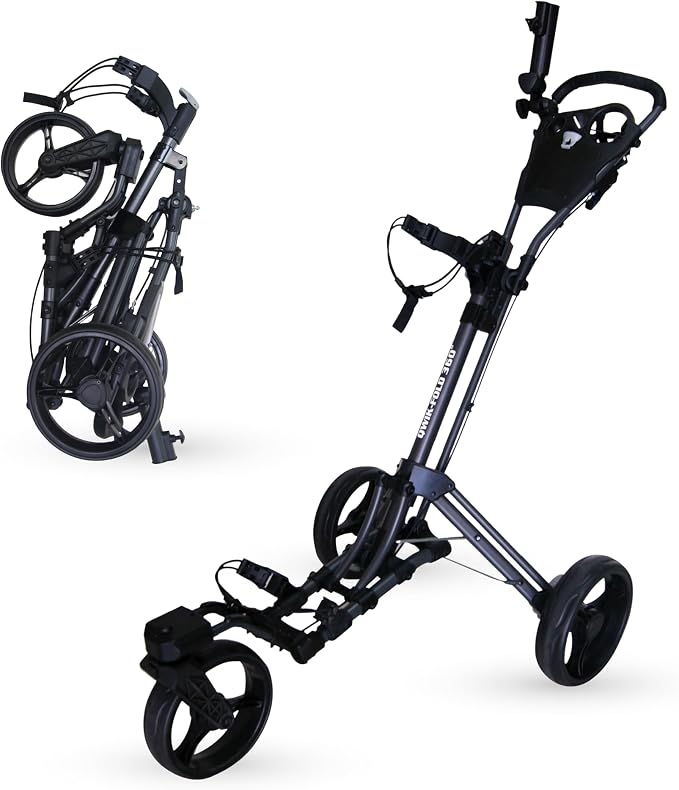 Qwik-Fold 3-Wheel Golf Push Cart with 360° Swivel Front Wheel & Foot Brake – 1-Second Folding Golf Trolley, Lightweight Aluminum Frame, Umbrella Holder, Cup Holder & Storage