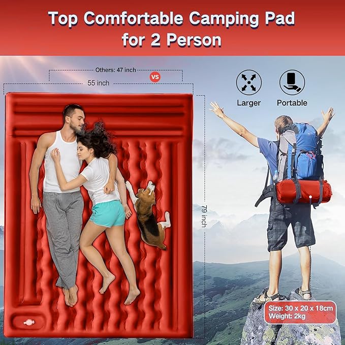 FNARMW Double Sleeping Pad Camping, Self Inflating 6'' Extra-Thick 2 Person Pillow Built-in Foot Pump Waterproof Inflatable Sleeping Mat Backpacking, Tent, Hiking, Portable Camping Pad (Orange-Black)