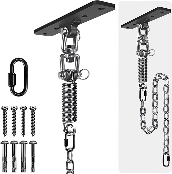 Dolibest Hammock Chair Hanging Kit, Heavy Duty Swing Hanger with Spring and 39" Chain, Indoor Outdoor Playground Hanging Hammock Punching Bags, 360+180° Rotation, Easy to Install, Black