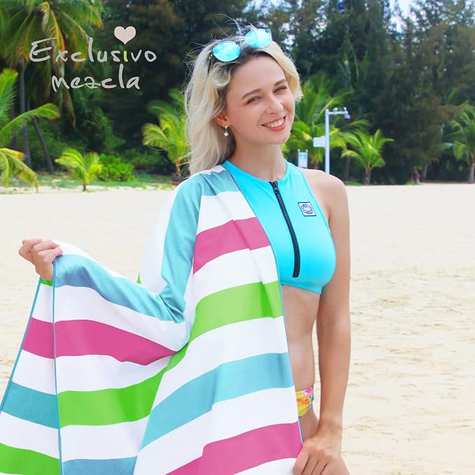 Exclusivo Mezcla Oversized Quick Dry Beach Towel, Microfiber Sandfree Cabana Stripe Pool Bath Swim Towel with Bag, Lightweight and Thin (Stripe Multicolor, 35x70 Inches)