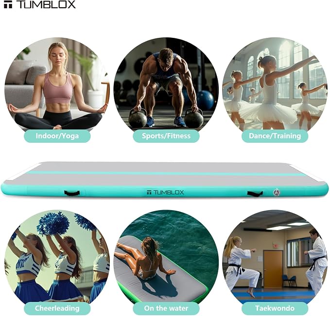 Air Gymnastics Mat Inflatable & Tumbling Mat – 4/8 Inches Thick with Electric Pump + Free Foot Pump – Ideal for Home, Gym, Water, and Beach Use