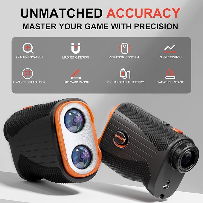 VISIOGEAR Golf Rangefinder with Slope, 1200 Yards Laser Range Finder for Golfer, 7X Magnification Range Finder Rechargeable Golf Accessories for Men, Flag Pole Locking Vibration