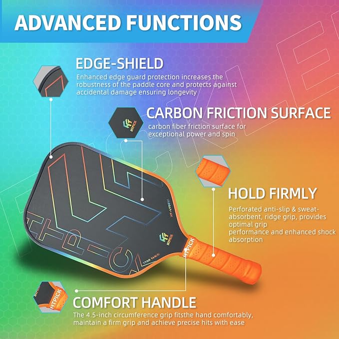 Pickleball Paddles, Carbon Fiber Pickleball Paddle High Grit & Spin with PP Honeycomb Core 16mm Thickness and Thermoformed Elongated Shape, Increased Power for Ultimate Spin & Consistency