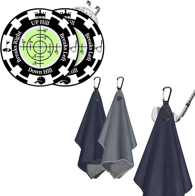 2 Pack Mangetic Golft Towels with Clip & 2 Pack Golf Green Reader Golf Ball Marker Hat Clip